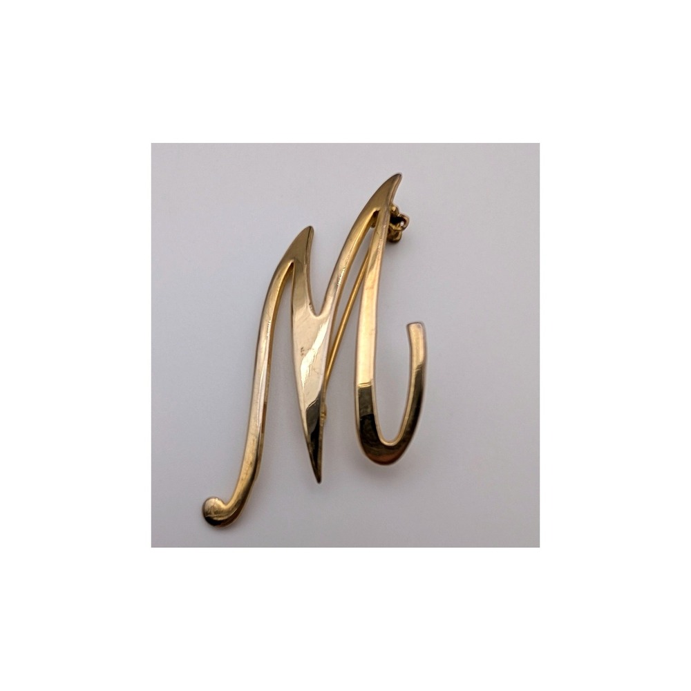 Vintage Gold Tone Script Letter M Monogram Brooch Pin Polished Minimalist 2 Inch
